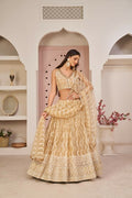 Aastha Fashion Beige Chiku Butterfly Net White Cotton Thread Work, Zari Work And Sandwich Sequence Work Embroidery Wedding Wear Lehenga Choli | Grocsy