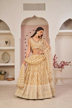 Aastha Fashion Beige Chiku Butterfly Net White Cotton Thread Work, Zari Work And Sandwich Sequence Work Embroidery Wedding Wear Lehenga Choli | Grocsy