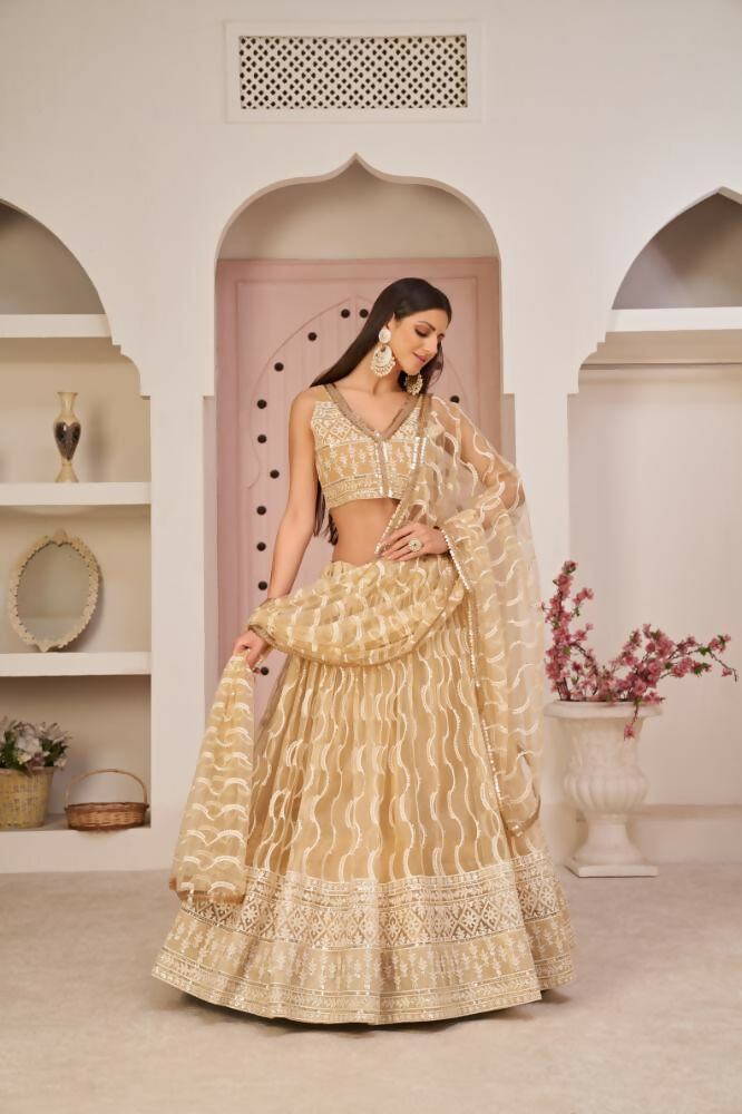 Aastha Fashion Beige Chiku Butterfly Net White Cotton Thread Work, Zari Work And Sandwich Sequence Work Embroidery Wedding Wear Lehenga Choli | Grocsy