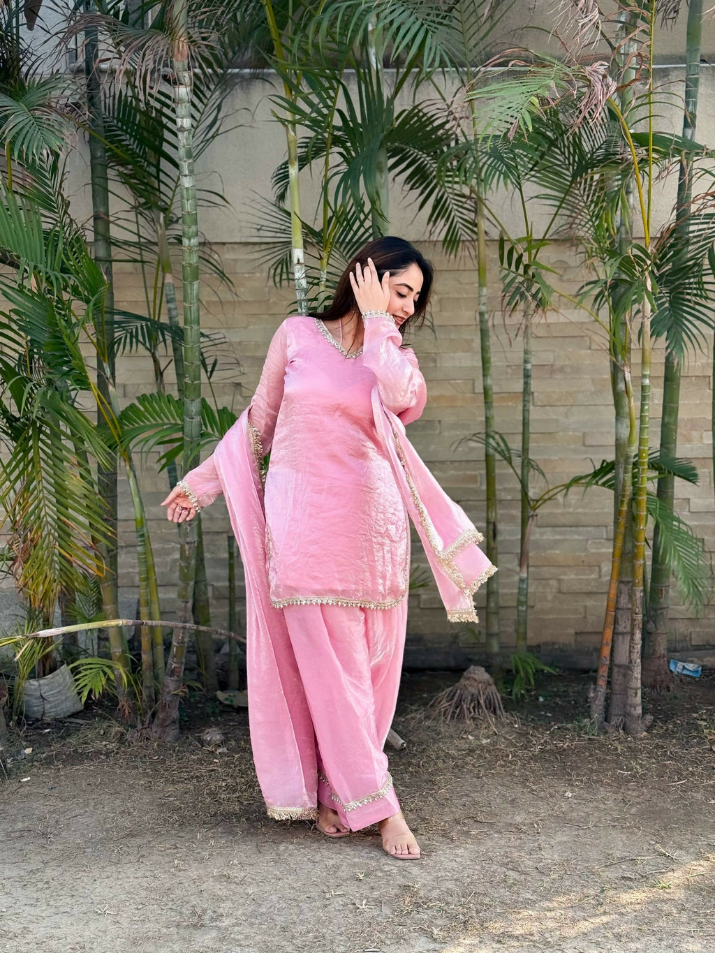 Teeya Creation Womens New Festive Wear Hand Made Real Mirror Pal Moti Lace Baby-Pink Kurta Set | Grocsy