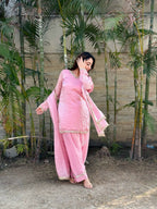 Teeya Creation Womens New Festive Wear Hand Made Real Mirror Pal Moti Lace Baby-Pink Kurta Set | Grocsy