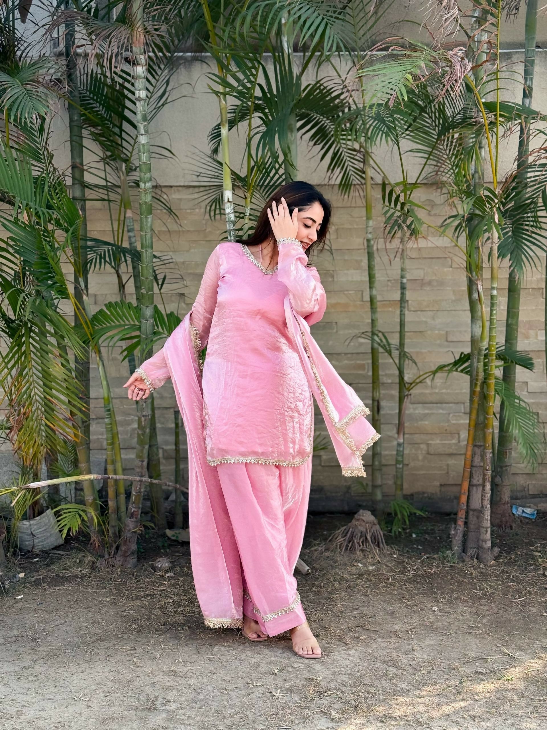 Teeya Creation Womens New Festive Wear Hand Made Real Mirror Pal Moti Lace Baby-Pink Kurta Set | Grocsy
