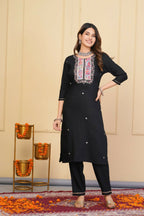 Black Rayon Slub Embroidered Stitched Suit With Dupatta - Tanisha | Grocsy