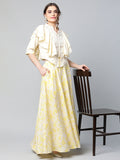 Ahalyaa Women Crepe Cream Solid Top with Printed Skirt with Ruffle Details | Grocsy