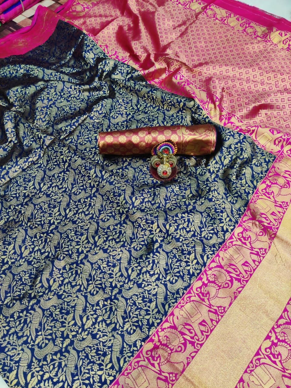 DEIANA'S Beautiful Designer Golden zari Soft Lichi Silk Saree - Blue | Grocsy