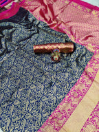 DEIANA'S Beautiful Designer Golden zari Soft Lichi Silk Saree - Blue | Grocsy