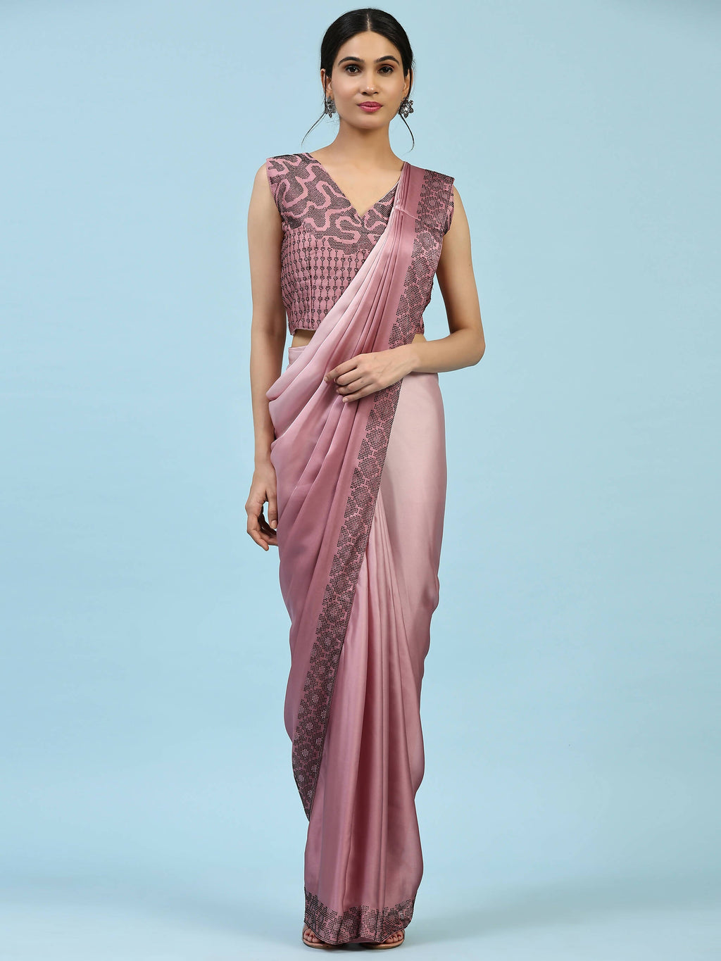 Purple Ombre Satin Georgette Plain Ready to wear Saree with stitched Blouse - Vrinda | Grocsy