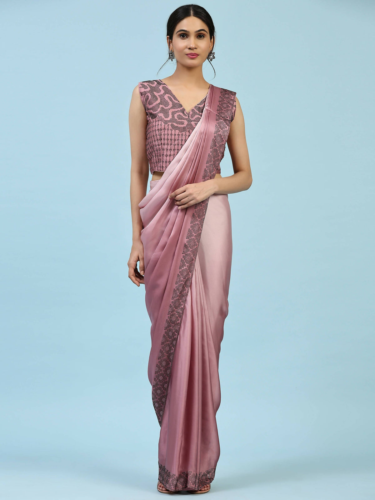 Purple Ombre Satin Georgette Plain Ready to wear Saree with stitched Blouse - Vrinda | Grocsy