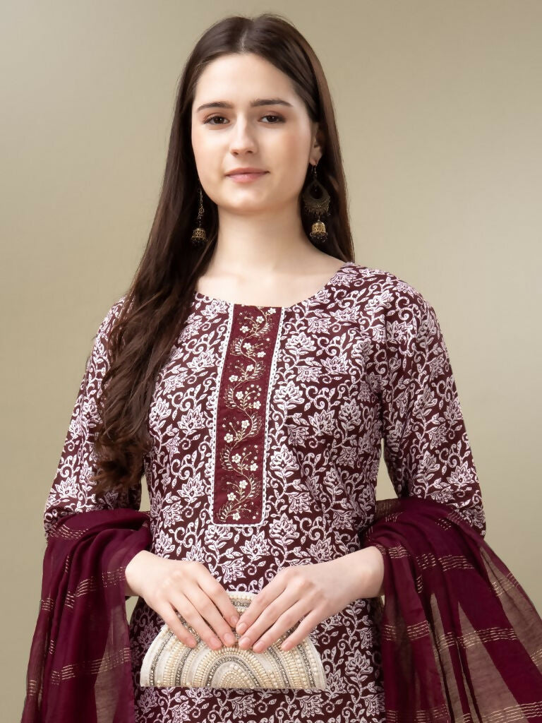 Jyoti Fashion Women's Maroon Rayon Embroidery & Sequence work Kurta with Trouser & Dupatta | Grocsy