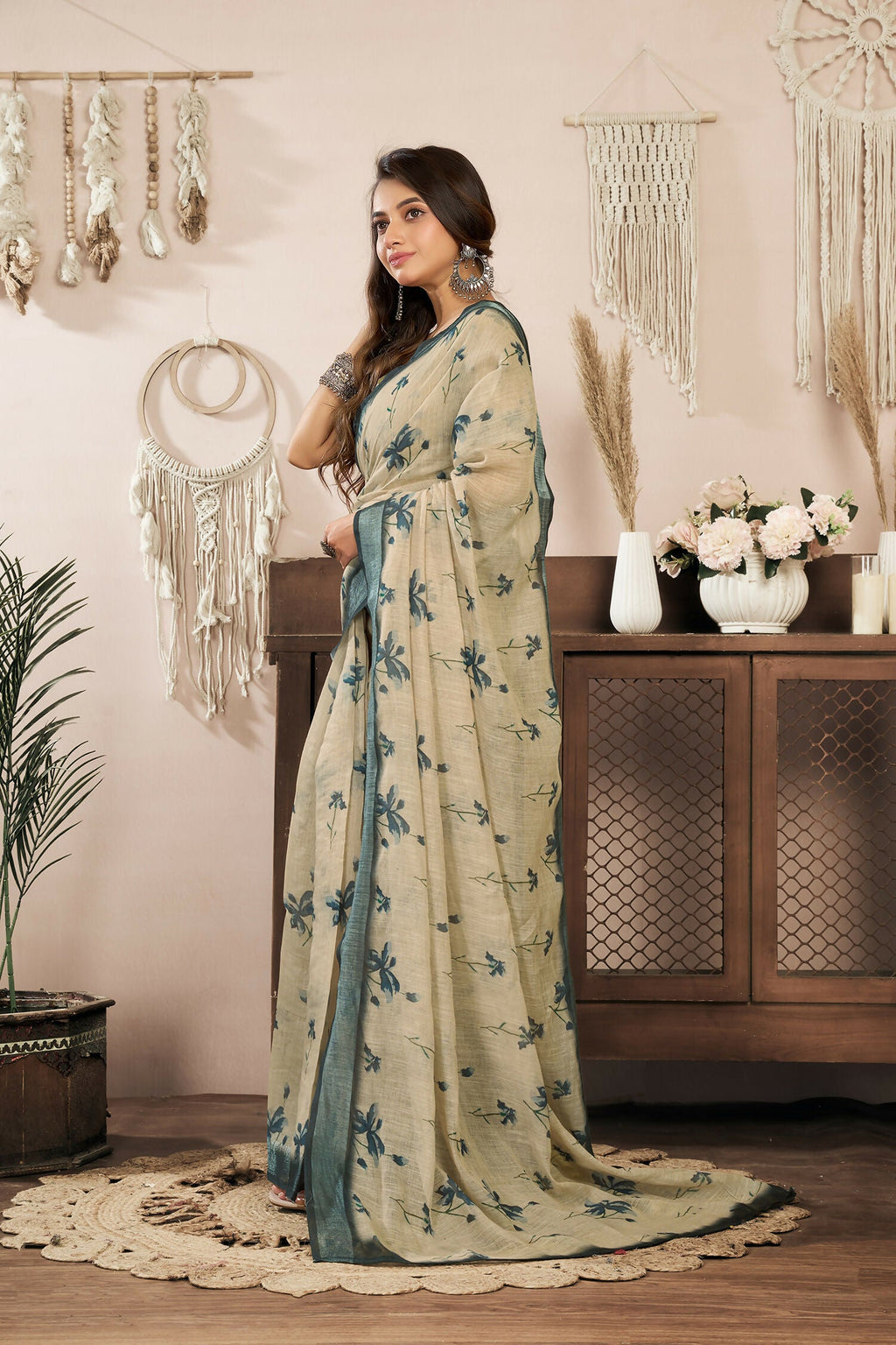 Joban Fashion Beige Floral Linen Ready To Wear Saree With Unstitched Blouse | Grocsy