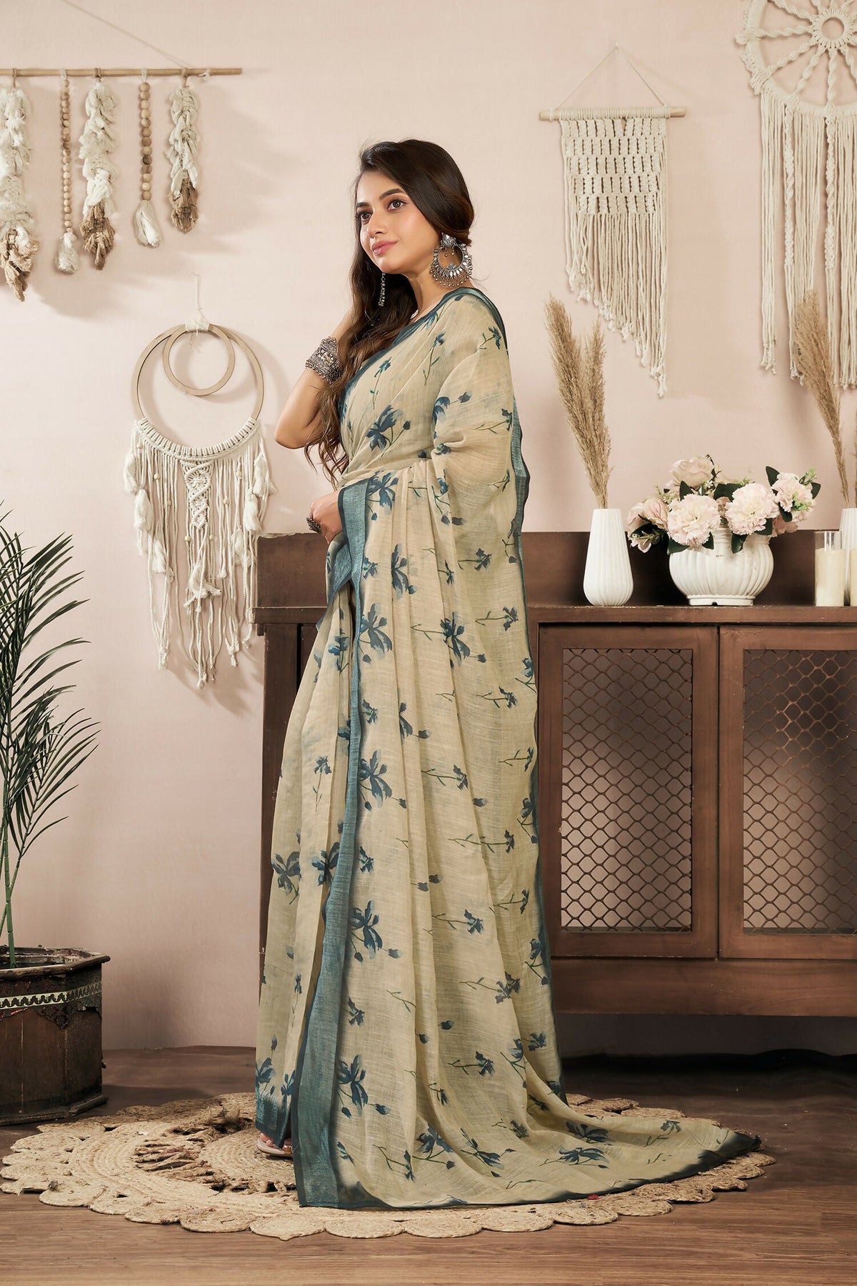 Joban Fashion Beige Floral Linen Ready To Wear Saree With Unstitched Blouse | Grocsy