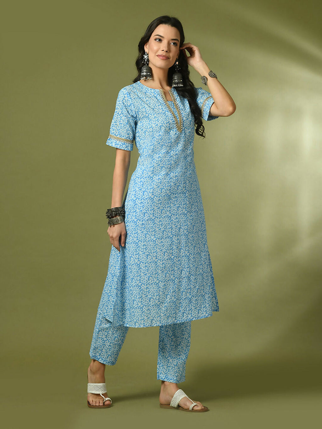 Myshka Women's Blue Printed Cotton Straight Party Kurta Set | Grocsy