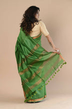 Very Much Indian Handloom Cotton Silk Maheshwari Saree With Sleek Golden Border - Leaf Green | Grocsy