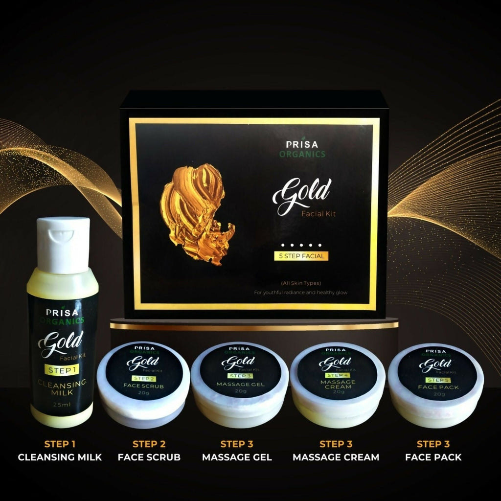 Prisa Organics Gold Facial Kit For Radiant & Glowing Skin - Cleanses & Rejuvenates Skin, Removes Dead Skin, Blackheads | Grocsy