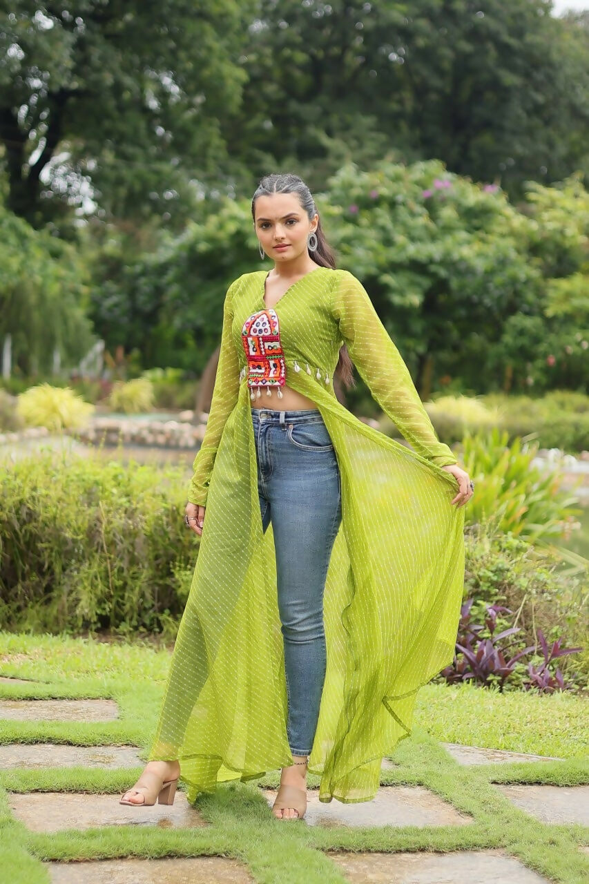 Vastranavya Parrot Green Navratri Special Kutchi Patch Work with Leheriya Printed Kurti | Grocsy