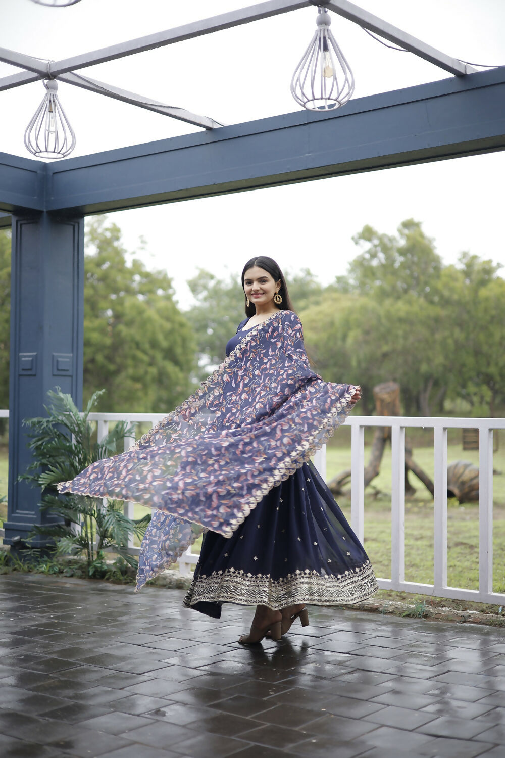 Aayaa Designer Embroidery Zari Sequins-Work Faux Blooming Georgette Suit - Navy Blue | Grocsy