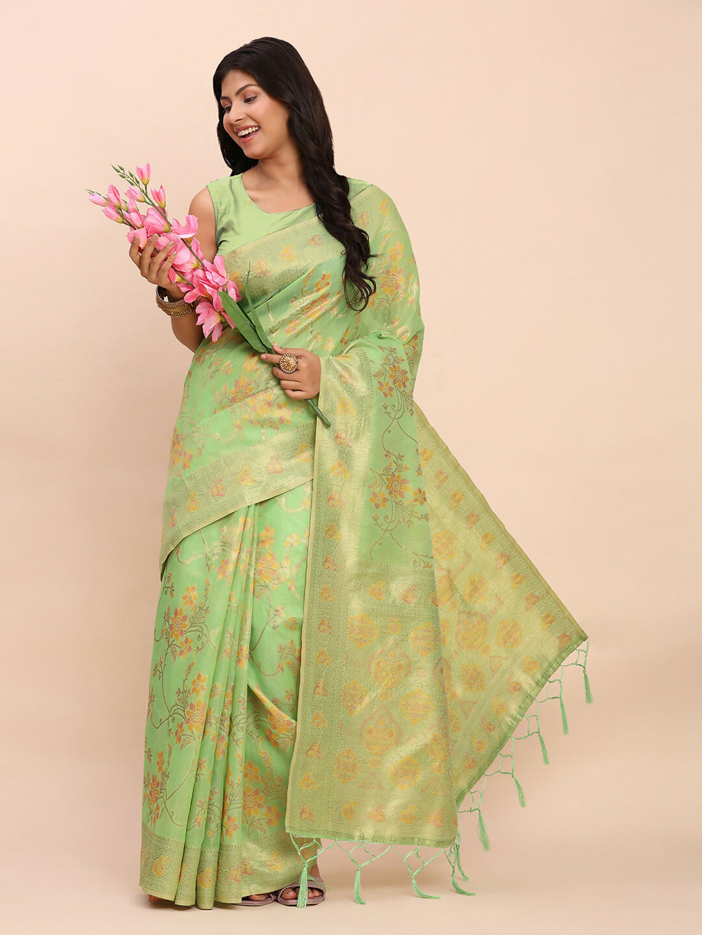 Shree Shyam Fashion Linen Cotton Green Saree | Grocsy