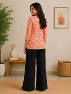 Teeya Creation Womens New Trendy Orange Floral Printed Short Kurti with Beige Palazzo Set | Grocsy
