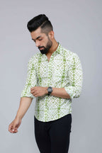 Miravan Men's Premium Green and White Slim Fit Tie Dye Cotton Shirt | Grocsy