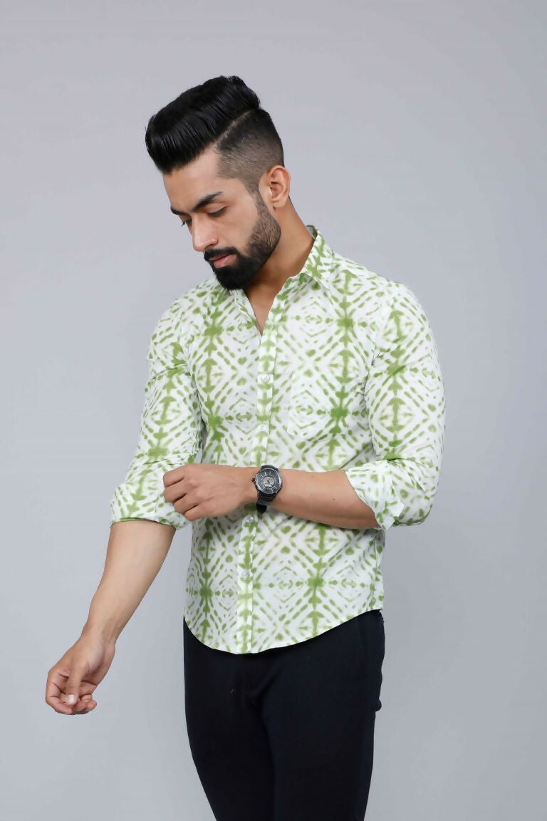 Miravan Men's Premium Green and White Slim Fit Tie Dye Cotton Shirt | Grocsy