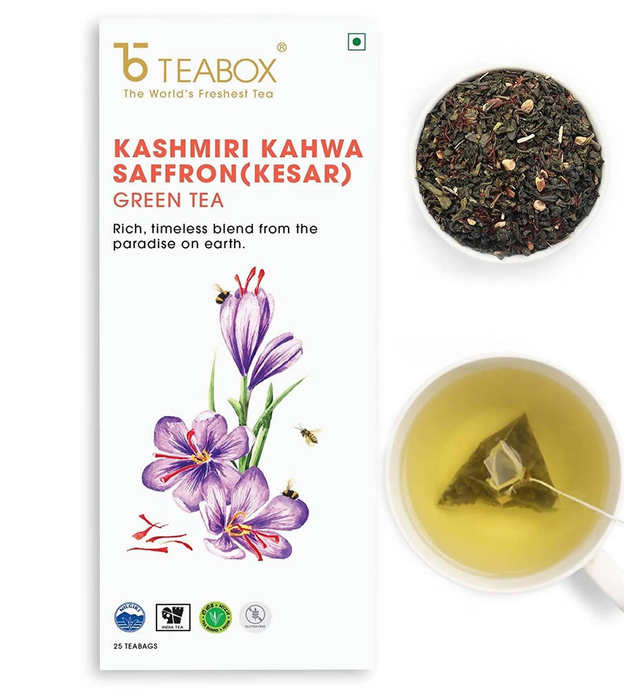 Teabox Kashmiri Kahwa Saffron (Kesar) Green Tea Bags | Grocsy