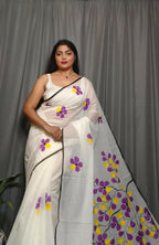 Exclusive Collection Beautiful White Purple Pure Cotton Hand Print Handloom Saree With Running Blouse Piece | Grocsy
