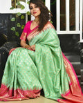 DEIANA'S Beautiful Designer Golden zari Soft Lichi Silk Saree - Pista | Grocsy