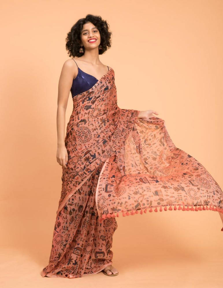 Suta Peach Blue Warli Printed Pure Cotton Saree | Grocsy