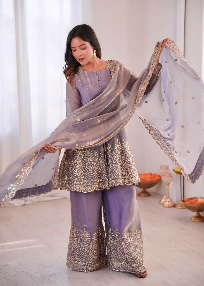 Teeya Creation Lavender Color Fendy Satin Silk Embroidery Work Party Wear Salwar Suit | Grocsy