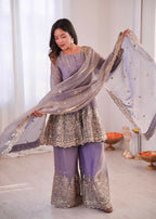 Teeya Creation Lavender Color Fendy Satin Silk Embroidery Work Party Wear Salwar Suit | Grocsy