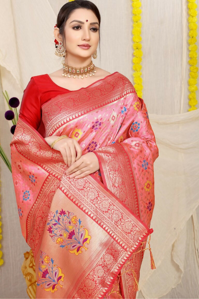 Jyoti Fashion Women's Baby Pink Patola Silk Zari Woven Saree with Blouse | Grocsy