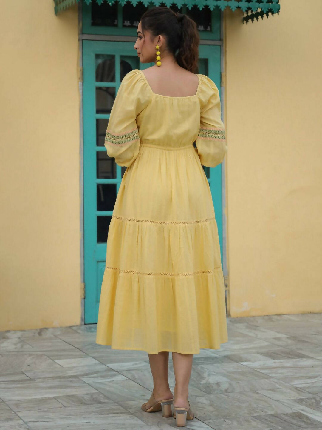 Juniper Women's Yellow Cotton Dobby Embroidered Flared Dress | Grocsy