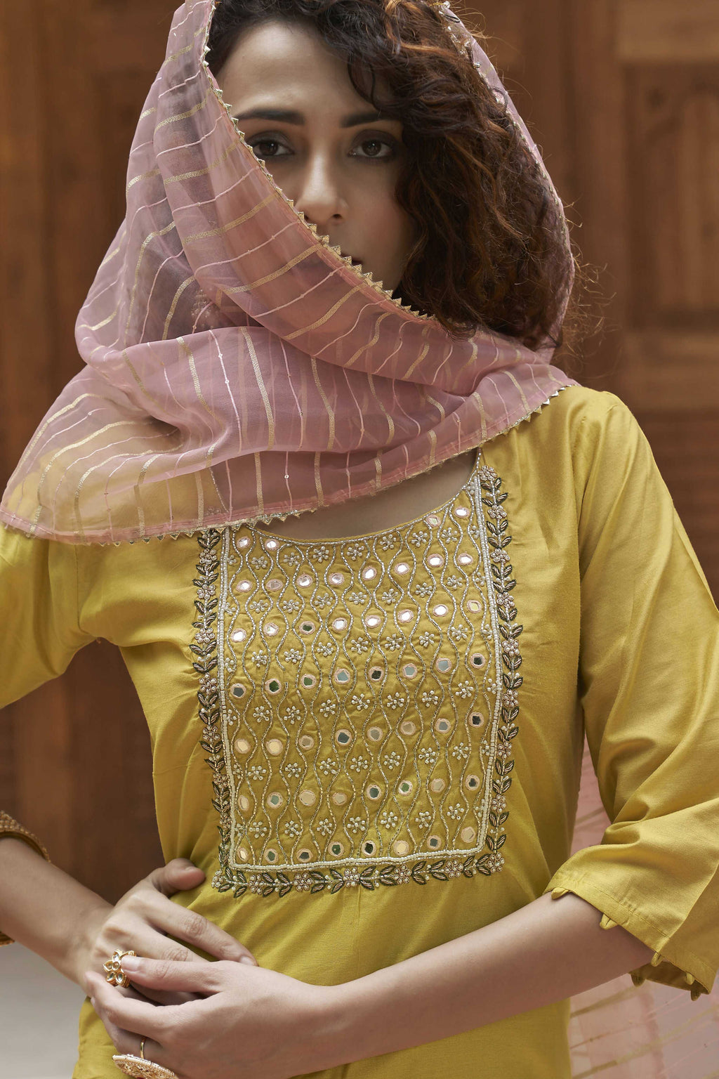 Mustard Chinon Embroidered Kurta and Bottom with Dupatta - Akashara | Grocsy