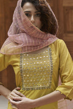 Mustard Chinon Embroidered Kurta and Bottom with Dupatta - Akashara | Grocsy