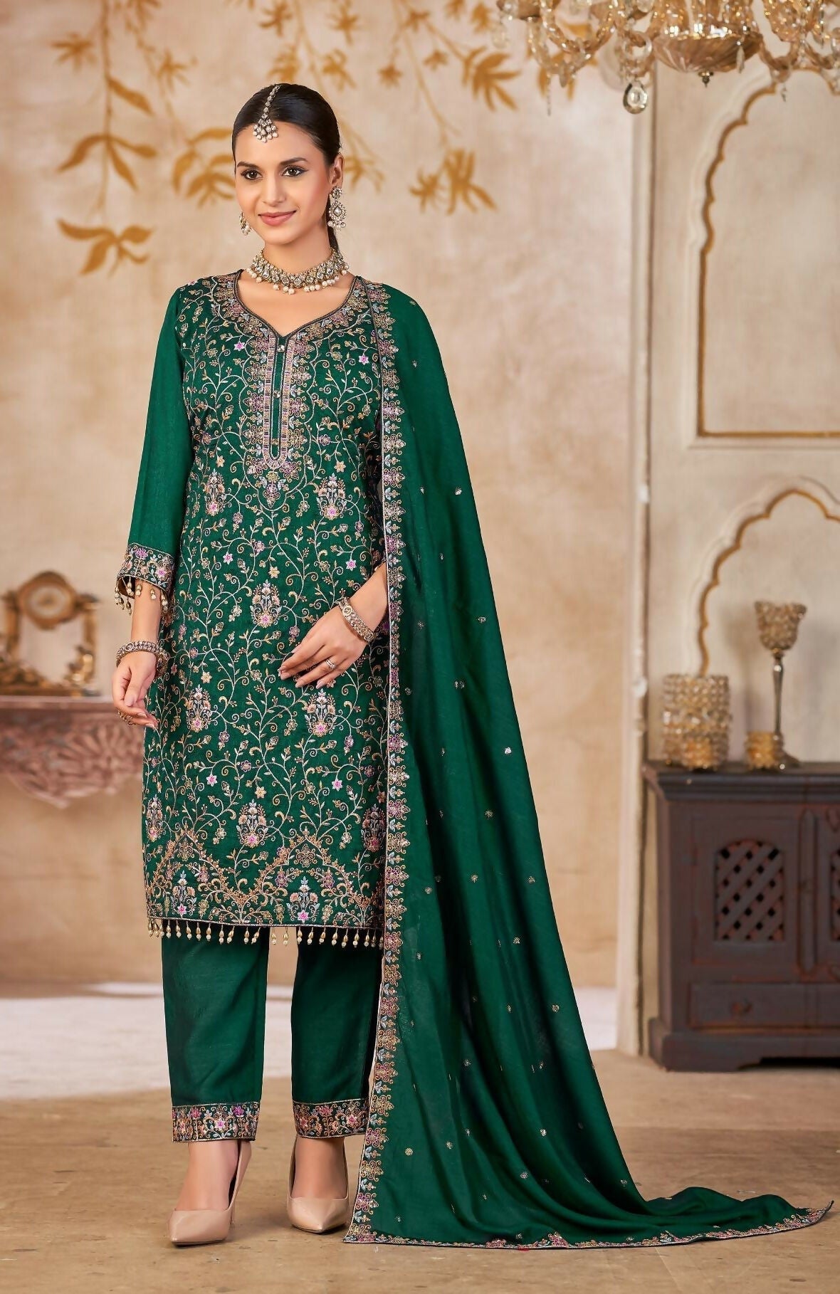 Anaita Green Vichitra Silk Readymade Suit with Embroidery & Lace Work | Grocsy