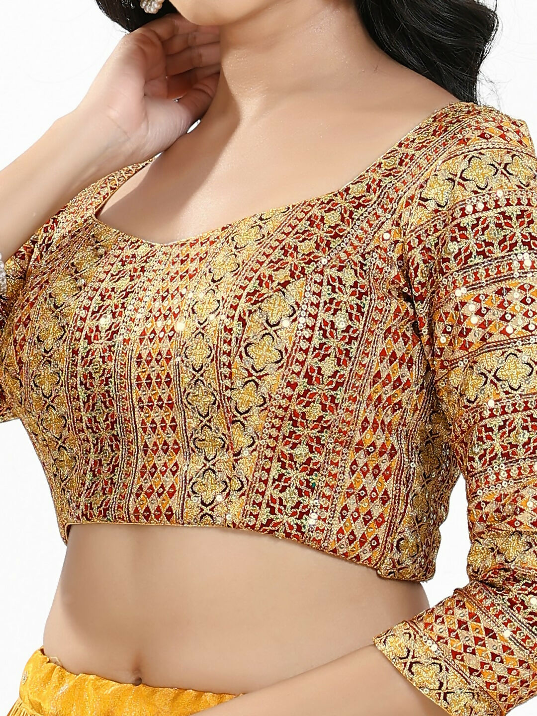 Joban Fashion Red Multi Silk Padded Blouse With Sweetheart Neck 3/4 Sleeves | Grocsy