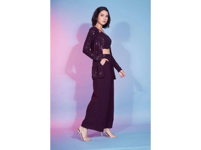 Maroon Georgette Sequence With Thread Designer Co-Ord Set - Flory | Grocsy