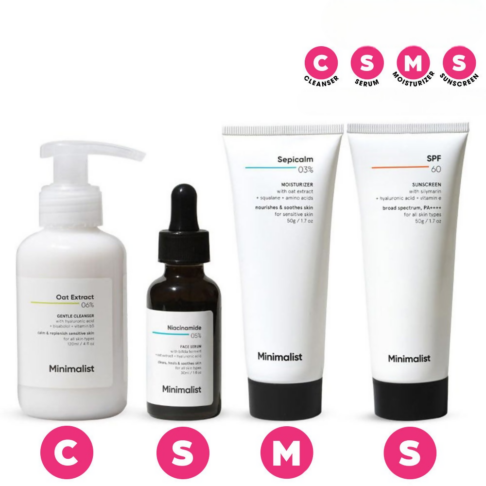 Minimalist Daily Skincare Routine For Sensitive Skin & Damaged Barrier CSMS (Cleanser, Serum, Moisturizer, Sunscreen) Combo | Grocsy