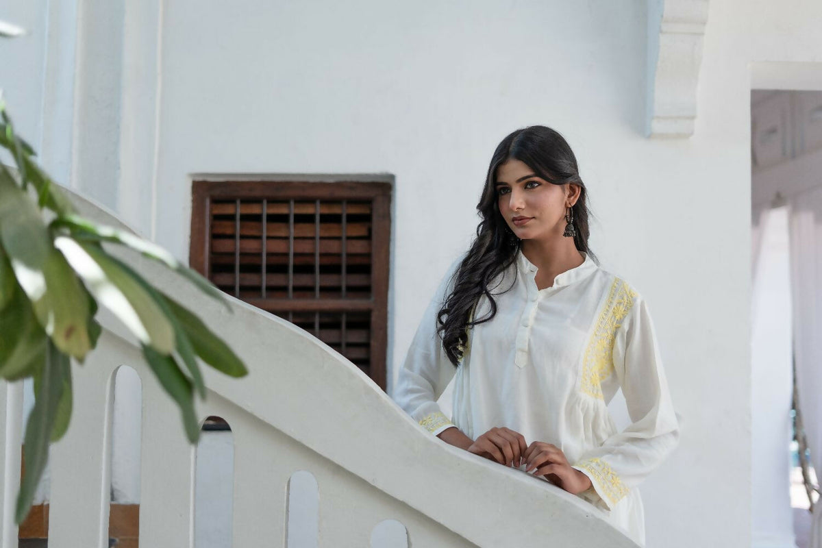 Zibaa Ivory & Yellow Muslin Short Chikankari Kurti | Grocsy