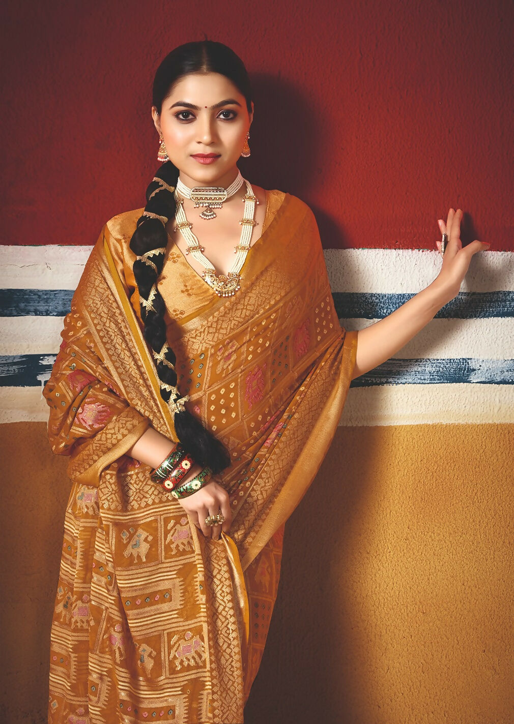Joban Fashion Yellow Dull Moss Brasso Saree | Grocsy