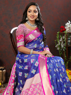 Lorenvalley Fashion Blue Organza Silk Woven Design with Meenakari Weaving Saree | Grocsy