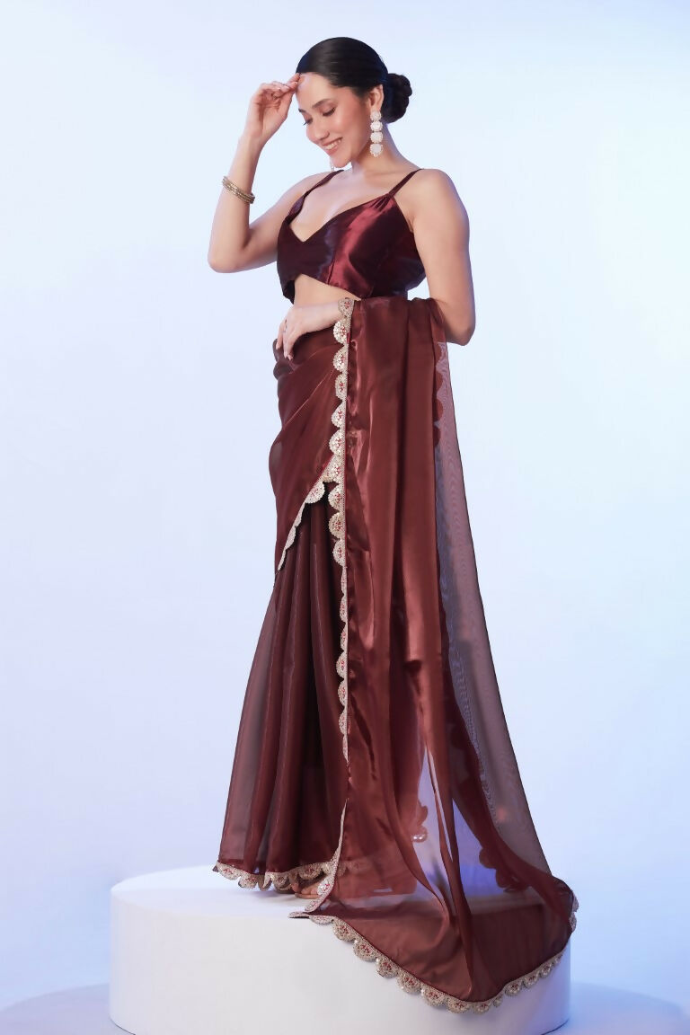 Coffee Brown Satin Solid Designer & Lace Work Saree - Samaa | Grocsy