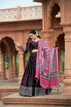 Vastranavya Navaratri Collection Myra Silk Lehenga & Blouse With Maslin Crochet Printed Dupatta Set - Wine | Grocsy