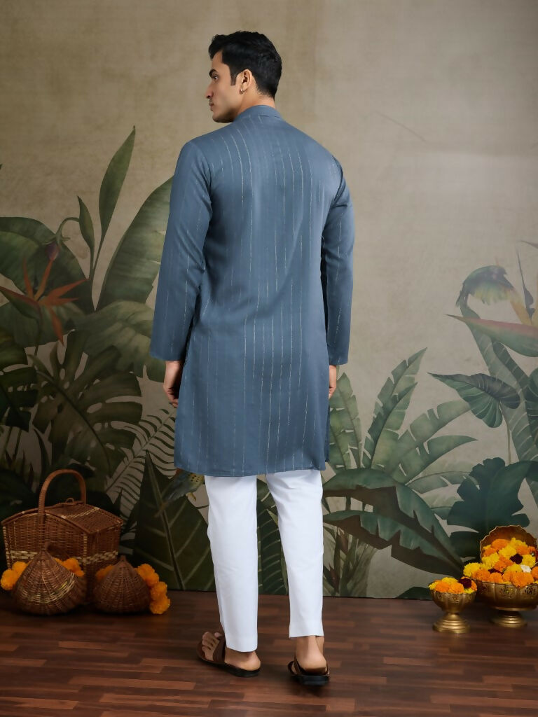 Vastranavya Blue Grey Exclusive Viscose Rayon Festival Wear Real Mirror Work Kurta with Dupatta | Grocsy