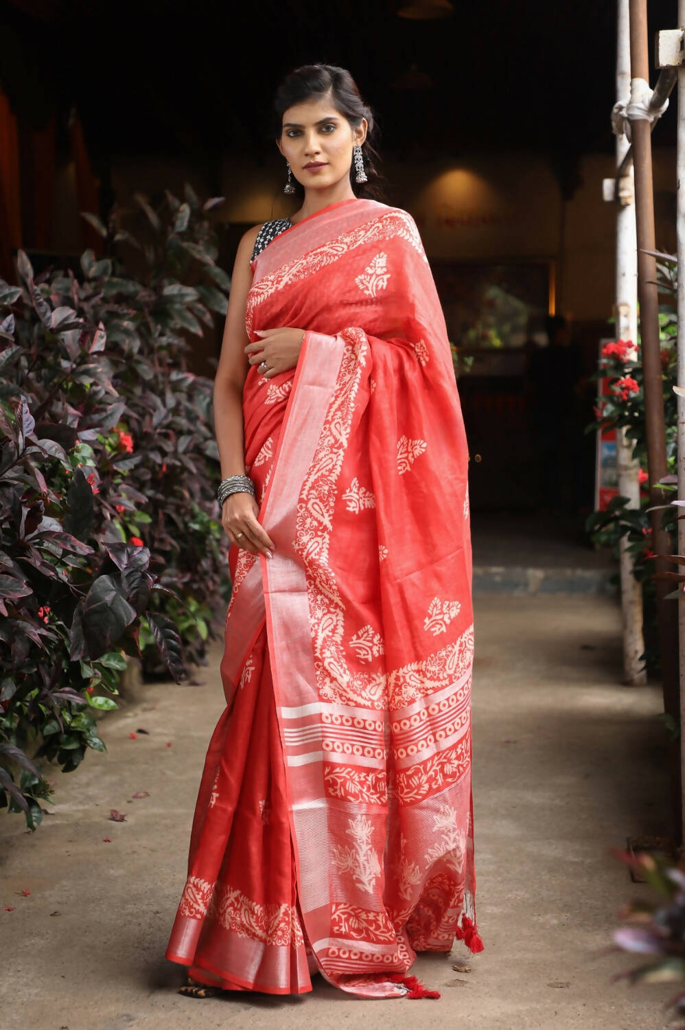 Very Much Indian Organic Linen With Handblock Printing Saree - Red | Grocsy