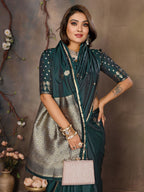 Joban Fashion Dark Green Floral & Botanical Motifs Satin Silk Banarasi Silk Saree | Grocsy