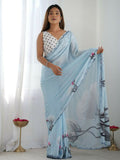 PR Fashion Denim Blue Georgette Digital Print With Mirror Work Saree | Grocsy