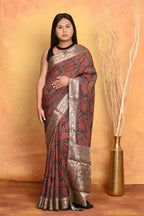 Very Much Indian Modal Silk Ajrakh Handblock Printed Natural Dyes With Designer Border Saree - Maroon | Grocsy