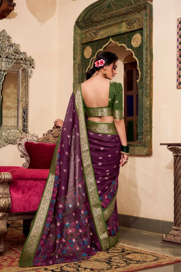 Vastranavya Wine Poly Cotton Kalamkari Printed Saree with Unstitched Blouse | Grocsy