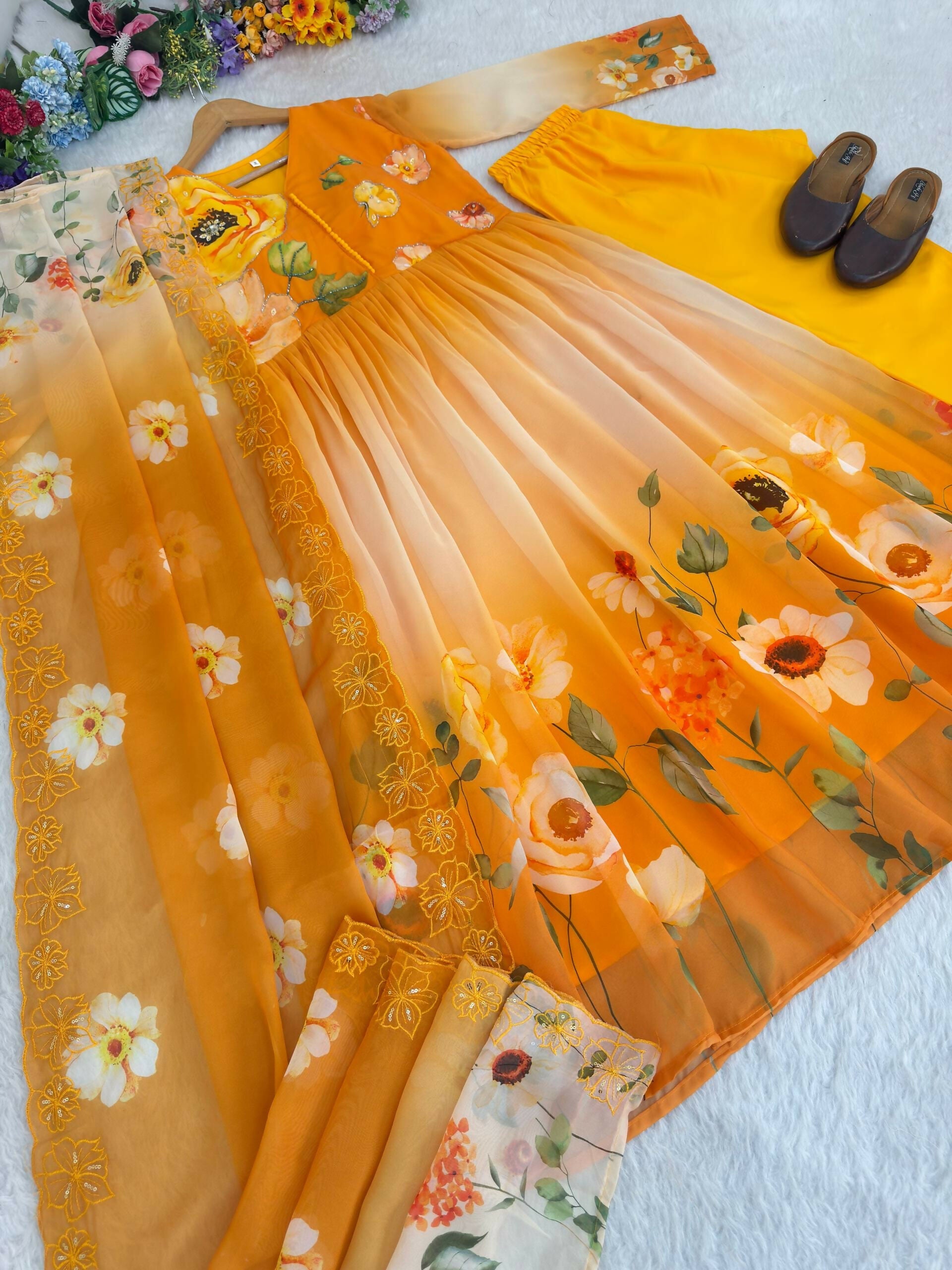 Teeya Creation Womens New Fancy Fox Georgette Heavy Quality Fabric With Handwork Yellow Gown Set | Grocsy